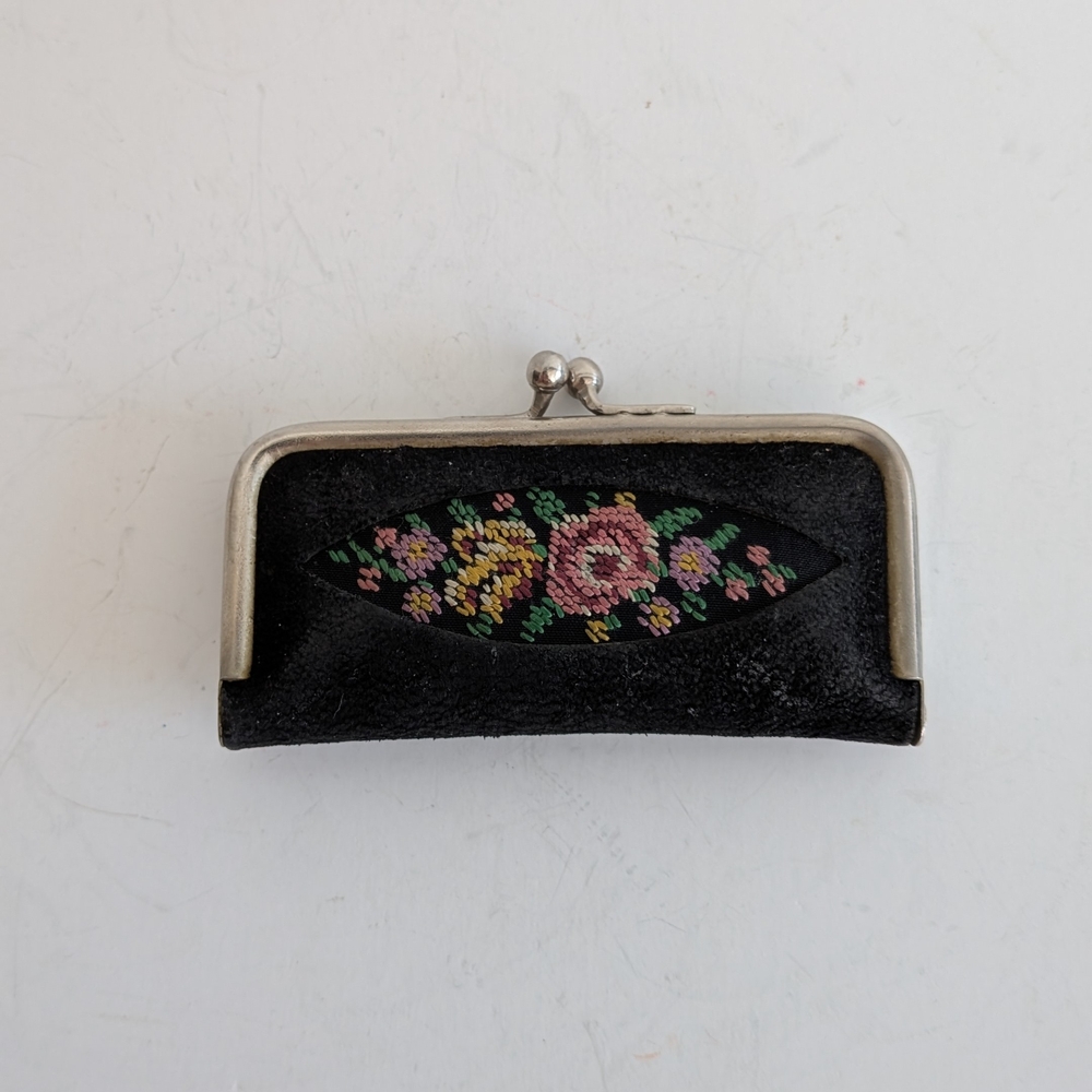 Vintage leather miniature Travel Manicure set Floral Needle Point case Kisslock